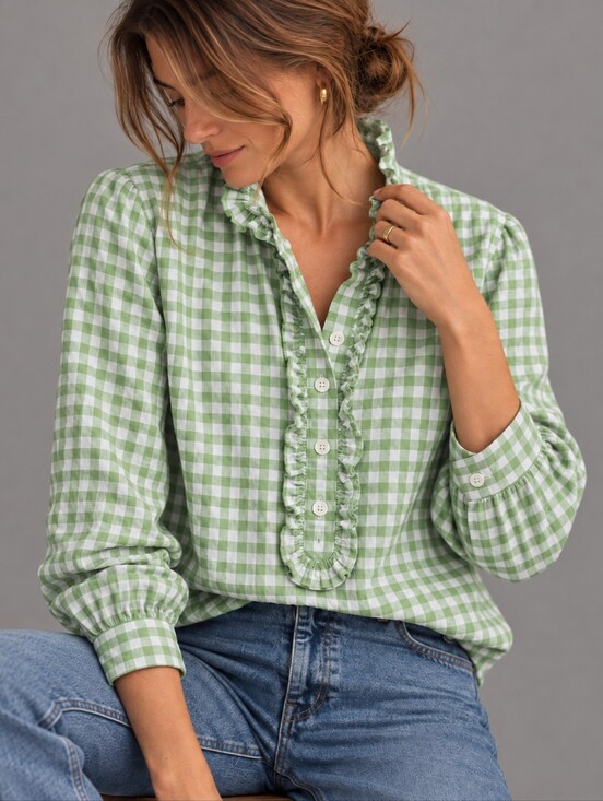 J. Crew Tops - J. Crew Classic Fit Ruffle Popover Green Gingham Blouse Womens Size 00